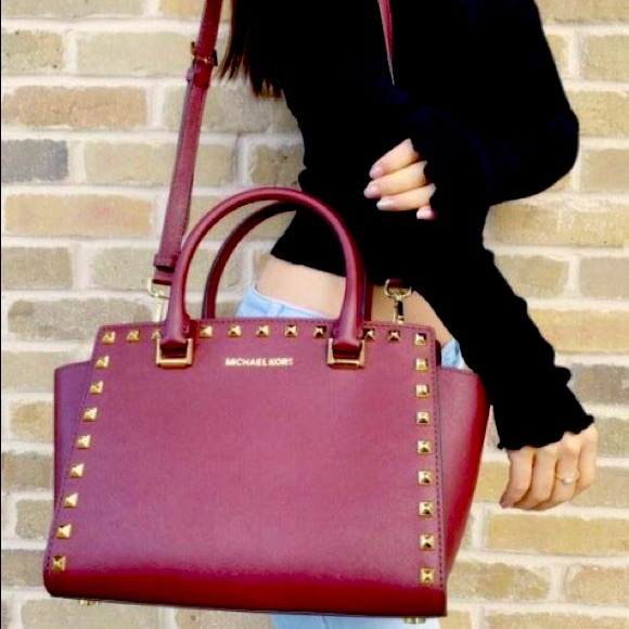 Michael Kors Handbags - MICHAEL KORS Selma Studded Saffiano Leather Satchel - Merlot